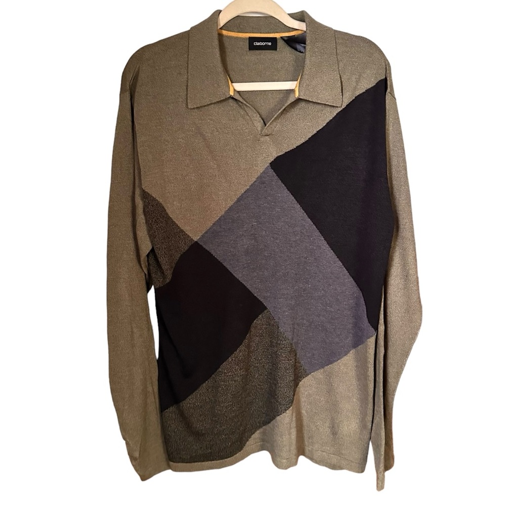 Claiborne Men’s Sz L Green Silk Blend Polo Long Sleeve Geometric Shirt Collared